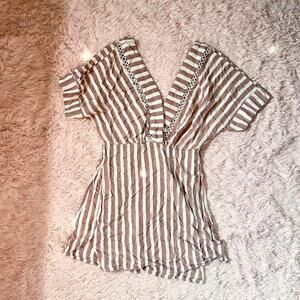 Mauve Striped Side Slit Boho Cottage Core Mushroom Vibe Fairy Prairie Blouse